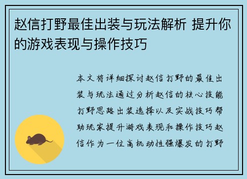 赵信打野最佳出装与玩法解析 提升你的游戏表现与操作技巧